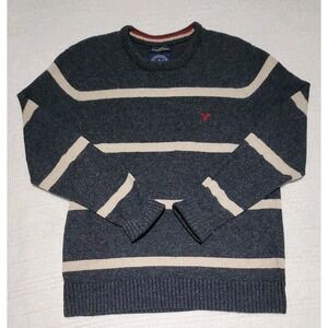 American Eagle Men's Large Pullover Crewneck Sweater Gray Striped Wool Blend